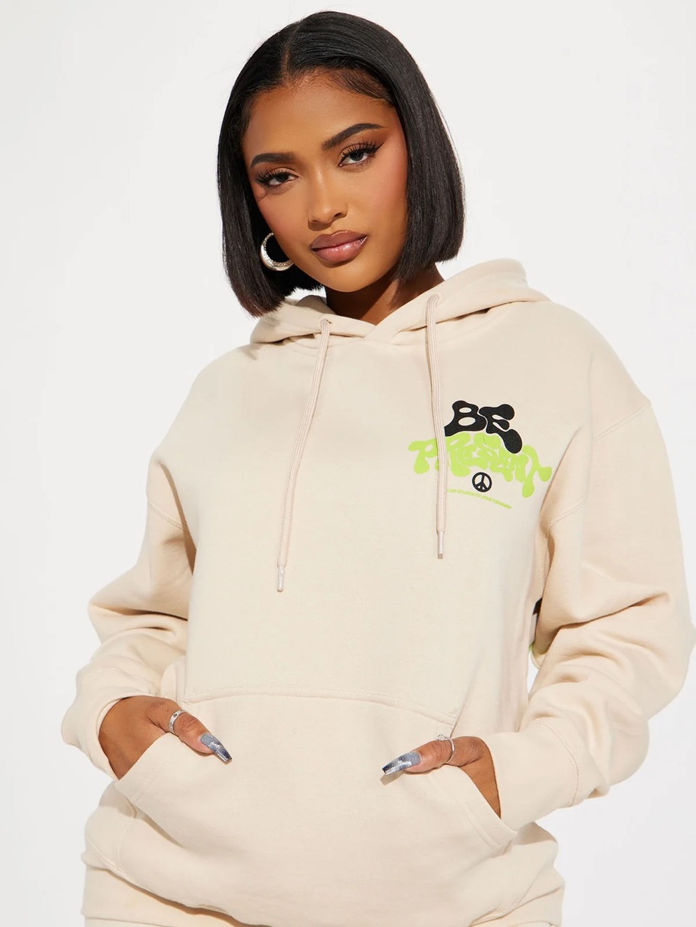 Fashion Nova "Be Present" Graphic Hoodie in Sand with Neon Green & Black Prints